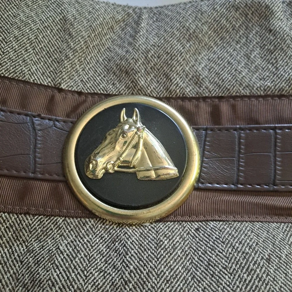 Braciano Brown‎ Herringbone Fabric Satchel Handbag With Horse Head Accent.